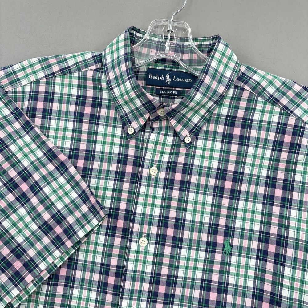 Ralph Lauren Shirt Mens Large Green Pink Plaid Button Down Short Sleeve Cotton